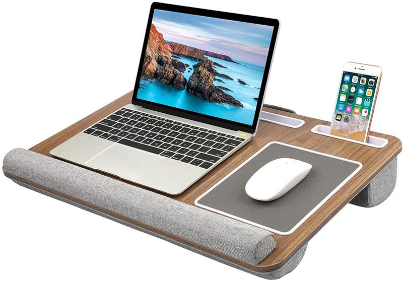 HUANUO Lap Desk - Fits up to 17 inches Laptop Desk, Built in Mouse Pad & Wrist Pad for Notebook, Laptop, Tablet, Lap Stand with Tablet, Pen & Phone Holder, Brown Woodgrain - Image 1